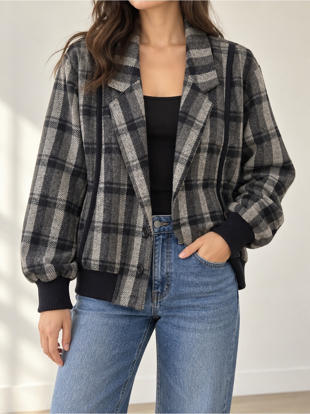 Max Edition Warm Plaid Blazer Bomber Jacket L